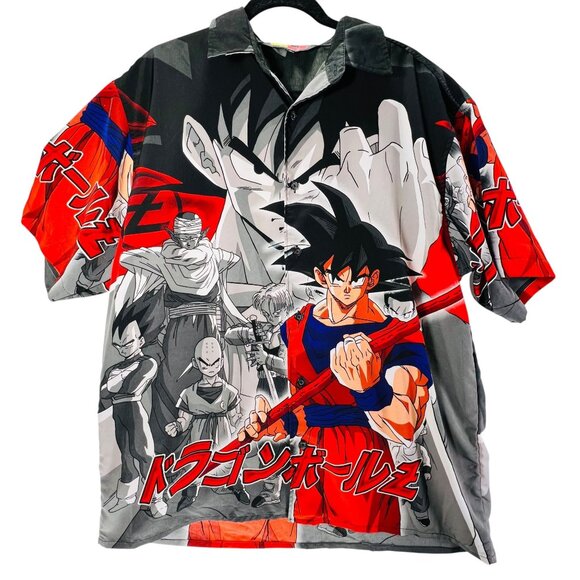 Vtg Dragon Ball Z Anime GOKU Graphic Shirt Y2K All Over Print Button Up Mens Lg - Picture 1 of 14